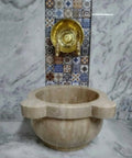 Travertine Marble Sink Basin 15.7 x 15.7 x 8.7 inches Stone Vessel for Bathroom Vanity Countertop Ecru Color with decorative background.