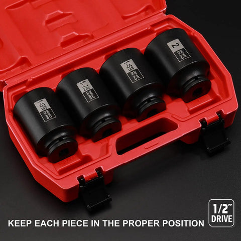 Half Inch Drive Deep Six Point Impact Socket Set For Metric Axle Nuts, CR-MO Steel With Black Phosphate Finish, 29mm To 38mm Sizes