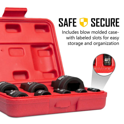 Eight Piece Impact Socket Adapter And Reducer Set For One Quarter, Three Eighths, One Half, And Three Quarters Inch Drive, shown in red case