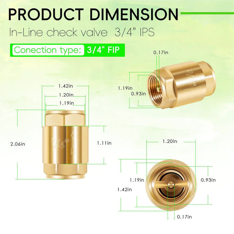 Two brass inline check valves, 3/4 in IPS connections, backflow prevention for water supply (front and side views)