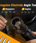 Tungsten Electrode Sharpener Grinder Head for TIG Welders with Cut Off Slot being used, showing multiple angle settings.