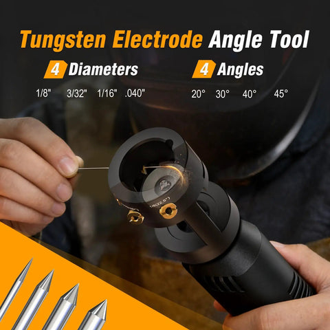 Tungsten Electrode Sharpener Grinder Head for TIG Welders with Cut Off Slot being used, showing multiple angle settings.
