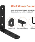 Black corner bracket with round end and countersunk holes, 3mm thick for Beefy Heavy Duty 4x4 L Brackets Set For Wood Furniture Shelves Bed Frames Cabinets And Drawers Cast Iron Corner Braces With 6 Mount Holes 3mm Thick Black Finish Built To Stand Up For DIY Projects.