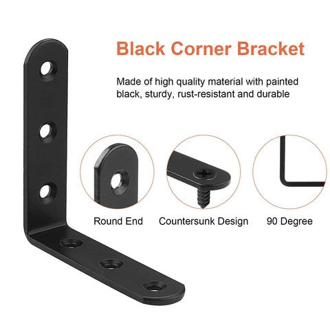 Black corner bracket with round end and countersunk holes, 3mm thick for Beefy Heavy Duty 4x4 L Brackets Set For Wood Furniture Shelves Bed Frames Cabinets And Drawers Cast Iron Corner Braces With 6 Mount Holes 3mm Thick Black Finish Built To Stand Up For DIY Projects.