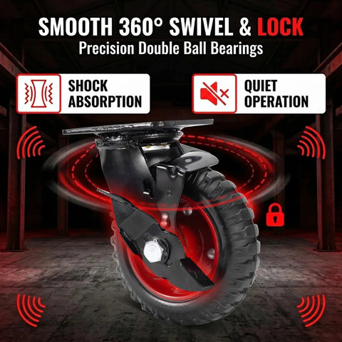 Heavy Duty 5 Inch Rubber Caster Wheels Set Of 4, Tough As Nails Steel Core Swivel Castors with smooth 360° swivel and lock.