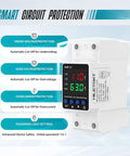 Built Tough Adjustable Voltage Protector For 110V Circuits Auto Reset Smart Breaker showing real-time amperage display and safety features.