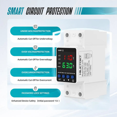 Built Tough Adjustable Voltage Protector For 110V Circuits Auto Reset Smart Breaker showing real-time amperage display and safety features.