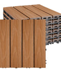 Wood Plastic Composite Patio Deck Tiles Interlocking Kit For Outdoor And Indoor Use, Waterproof Durable WPC Flooring In Teak Finish, 12x12 Inches, DIY Friendly Easy Assembly No Tools Needed, shown stacked.
