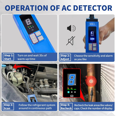 Front view: blue WISSCOOL HVAC leak detector handheld with numerical LCD for halogen refrigerants.