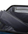 Interior view of 26 inch polycarbonate spinner luggage with tie down straps and zippered compartments for organized travel.