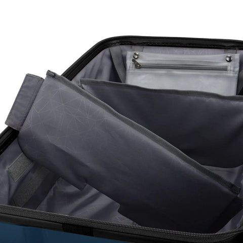 Interior view of 26 inch polycarbonate spinner luggage with tie down straps and zippered compartments for organized travel.