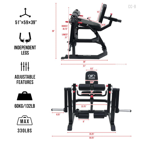 Leg Extension And Curl Machine For Home Or Commercial Gyms, Plate Loaded Quad And Hamstring Trainer, dimensions and features visible