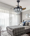 FAIRYPAGODA Retractable Ceiling Fan with Light and Handheld Controller suspended in a modern bedroom, 92cm size.