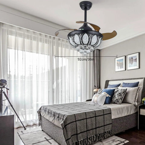 FAIRYPAGODA Retractable Ceiling Fan with Light and Handheld Controller suspended in a modern bedroom, 92cm size.