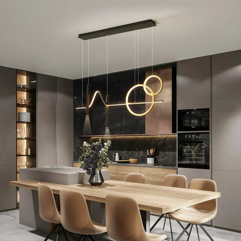 Dope Modern Dimmable Pendant Light With Linear Wave LED Chandelier in black and gold over kitchen island