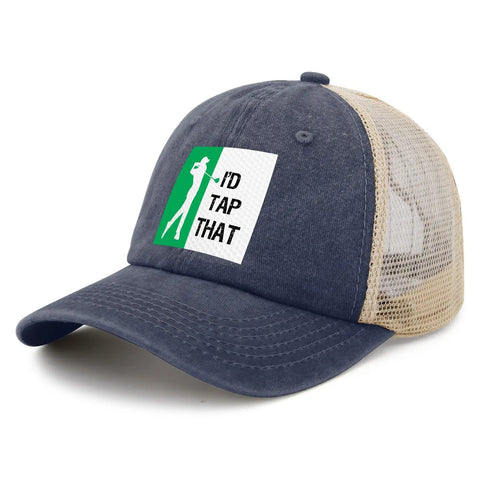 I'd Tap That Cool Hats For Men Women Unisex Trucker Cap with Adjustable Strap, featuring washed cotton and mesh design.