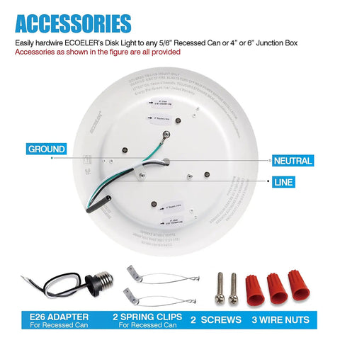 Back view of 6-Inch Dimmable LED Flush Mount Disc Light with accessories for junction box or recessed can installation.