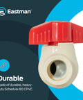 One Half Inch CPVC Slip Ball Valve White Heavy Duty Quick Release Water Shutoff Switch No Sweat Design For Cramped Corners And Smooth Diy Plumbing Tasks from Eastman with a red handle.