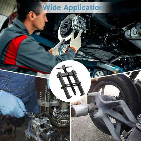 Best Four Piece Bearing Puller Set With 2 3 4 And 6 Inch Jaws For Cars Or Bikes Heavy Duty Steel Handles Tough Pulls Great For Grease Monkey Mechanics Fixing Wheels In Garage Or At Pro Auto Shop Rig Ready For Quick Repairs Now. Bearing puller set used on car brake and wheel parts in garage.