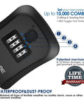 Close-up of 4 Digit Combo Key Safe Box Outdoor Waterproof Wall Mount Lock Box with resettable code display and features text.