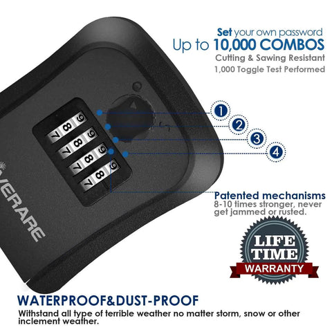 Close-up of 4 Digit Combo Key Safe Box Outdoor Waterproof Wall Mount Lock Box with resettable code display and features text.