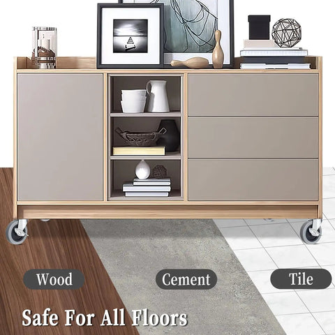 Heavy Duty Swivel Caster Wheels With Threaded Stem And Side Brake Locking Beefy Build For Furniture And Workbench Carts on a stylish storage cabinet.