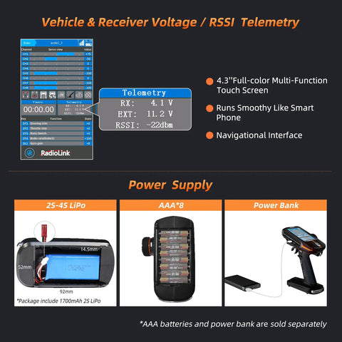 Information display of 8 Channel 2.4G RC Transmitter With R8FG And R4FGM V2.1 Gyro Receiver Voltage Telemetry Surface Remote Control