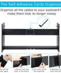 Self-adhesive cords organizer diagram with step-by-step instructions for arranging cables neatly on keyboard stand.