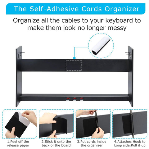 Self-adhesive cords organizer diagram with step-by-step instructions for arranging cables neatly on keyboard stand.