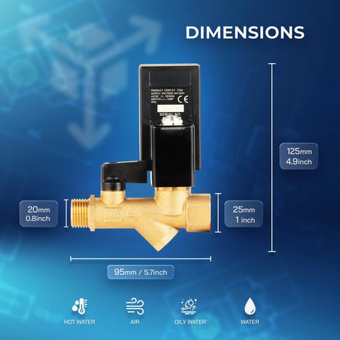 Dimensions of Automatic Timed Tank Drain Valve For Air Compressor Half Inch To Quarter Inch NPT 110 To 120 Volt AC With Six Foot Plug Cable 235 PSI