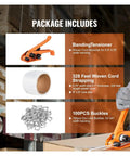 Heavy Duty Manual Strapping Machine Kit For PP Tape Packing Pliers With 100 Metal Seals, includes tension tool, woven cord, and metal buckles.