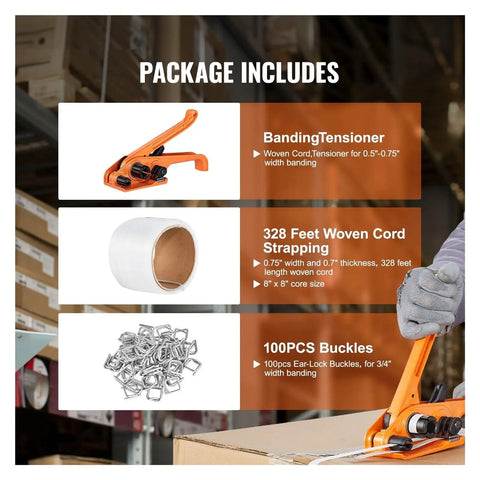 Heavy Duty Manual Strapping Machine Kit For PP Tape Packing Pliers With 100 Metal Seals, includes tension tool, woven cord, and metal buckles.