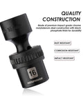 Shallow Universal Impact Socket Set Built Tough 3/8 Inch Drive, CR-MO Steel, 16mm socket detail, black phosphate finish