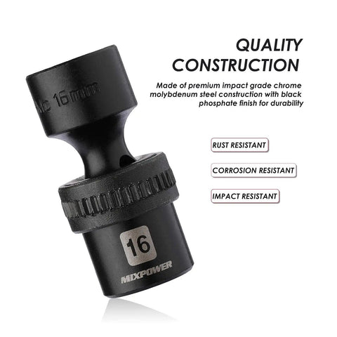 Shallow Universal Impact Socket Set Built Tough 3/8 Inch Drive, CR-MO Steel, 16mm socket detail, black phosphate finish