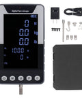Top Notch 1000N Force Gauge Push Pull Tester Tension Meter Torque Tester, 220 Lb Capacity, Handheld US Plug, HD Color Display, Simultaneous Nm and Lb Readouts, Three Measurement Modes for Real Time and Peak showing gauge, adapters, cable, and case