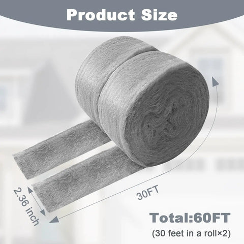 Steel Wool Mice Control Patch Kit, 60 Ft Stainless Steel Wool Roll, showing two 30 ft rolls for blocking gaps in walls, kitchens.