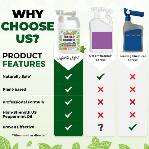 Comparison chart highlighting Peppermint Oil Lawn And Yard Bug Control Spray Pack Of 2 32 Oz All Natural Outdoor Pest Repellent advantages.