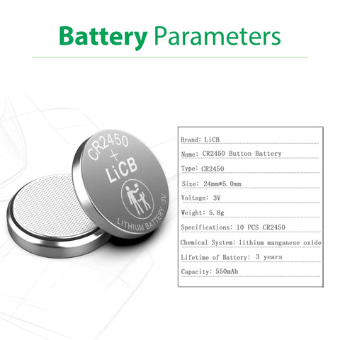 CR2450 3V Lithium Batteries 10 Pack Grade A Coin Cell Power with specifications showing size, weight, and capacity.