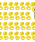 120 Pack Lemon Yellow Snap-Shut Screw Covers 6 Millimeter Plastic Hinged Fold Wrap Concealer showing open caps beside a screw.