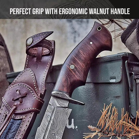 Close-up of Damascus Steel Fixed Blade Hunting Knife with walnut wood handle and leather sheath for outdoor survival.