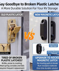 Comparison between old plastic latch and new 4 Pair RV Magnetic Door Holders Black Metal Magnetic Baggage Door Catch Clip For Camper Storage Secure Open Door Latch For Travel Trailers And Motor Homes Includes Screws
