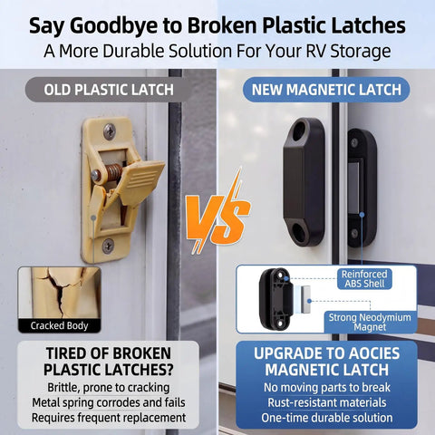 Comparison between old plastic latch and new 4 Pair RV Magnetic Door Holders Black Metal Magnetic Baggage Door Catch Clip For Camper Storage Secure Open Door Latch For Travel Trailers And Motor Homes Includes Screws