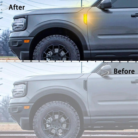 Ford Bronco Sport Front Fender Side Marker Light DRL Amber Sequential Turn Signal 2 in 1 Function Kit before and after