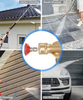 Close-up of Amazon Lucstar pressure washer wand quick-connect pivoting coupler; brass body with red knob.