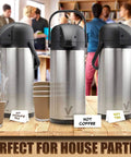 85 Oz Insulated Airpot Coffee Carafe with Pump, Stainless Steel Beverage Dispenser at a party setting with cups labeled for hot beverages