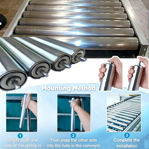 Heavy Duty Conveyor Roller 1.5 Inch Diameter, 18 Inch Length, Galvanized End Silver, Replacement Part for Roller Conveyor Systems, Supports 15 to 100 kg, Low Noise, 201 Stainless Steel Rollers for Garages, Warehouses, Docks, mounted on conveyor