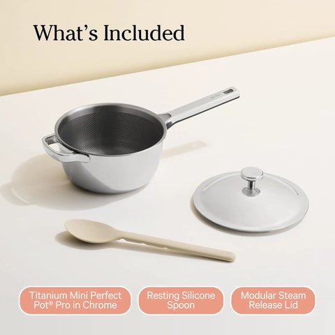 Mini Titanium Perfect Pot Pro 2.75 Qt Cooking Pot with lid and silicone spoon, PFAS-free no-coating nonstick, chrome finish