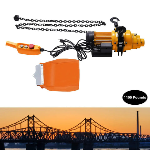 Heavy Duty Electric Chain Hoist 1100 Lb Capacity Rock Solid Aluminum Body And Steel Hook for smooth lifting, showing motor and control.