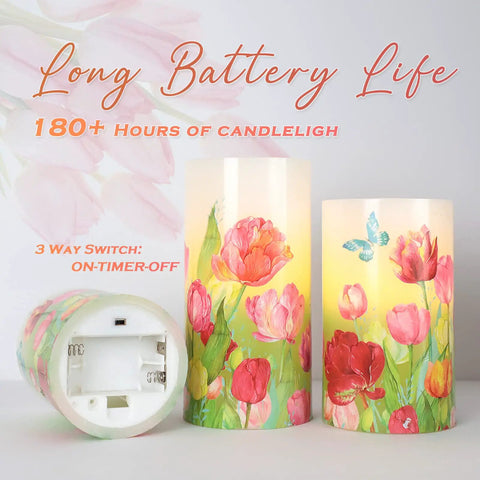 Flameless LED Candles With Remote Set Of 3 Real Wax Bunny Glass Decor; two candles with floral pattern and battery compartment.