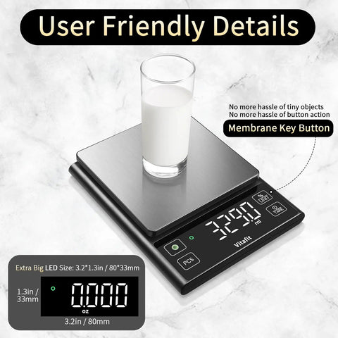 11 Lb Digital Food Scale With Pro Grade Precision 0.0001 Lb Per Division For Precise Cooking Baking And Coffee Stainless Steel Kitchen Scale With Large LED Display Black, showing milk glass on platform